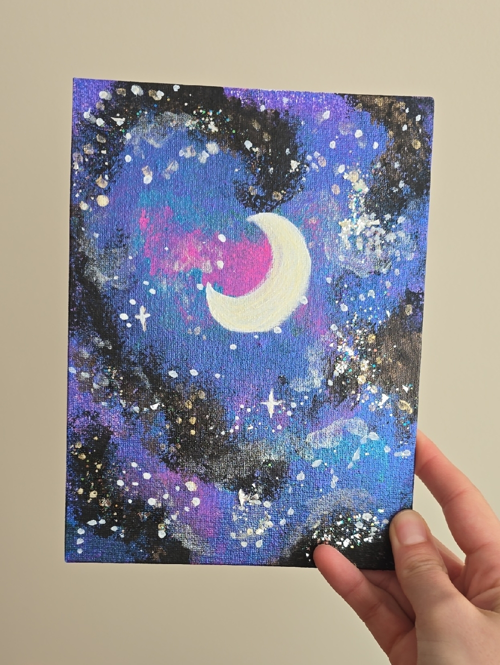 Hand-Painted Moon and Galaxy Canvas Wall Art - Blue & Purple